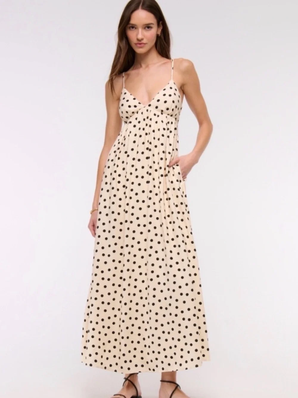 Abercrombie & Fitch Cream Maxi Dress with Black Polka Dots and Built-In Bra